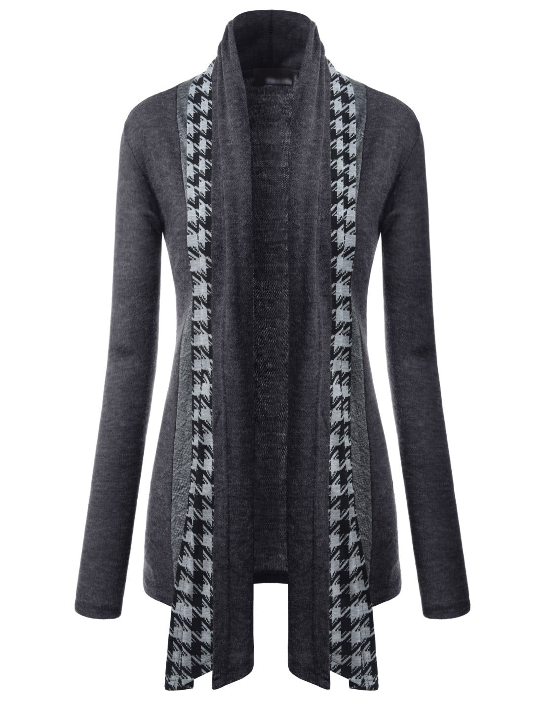 Charcoal Grey Houndstooth Shawl Collar Knitted Open Cardigans