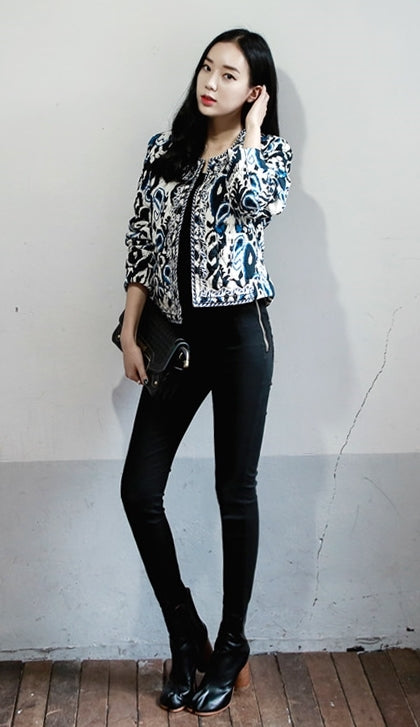 Blue Ethnic Quilted Bomber Jackets