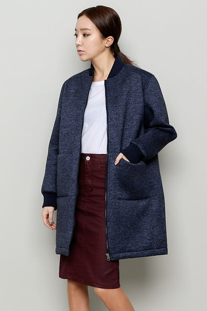 Navy Blue Neoprene Bomber Style Long Coats