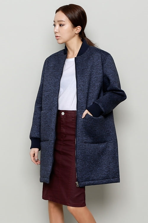 Navy Blue Neoprene Bomber Style Long Coats