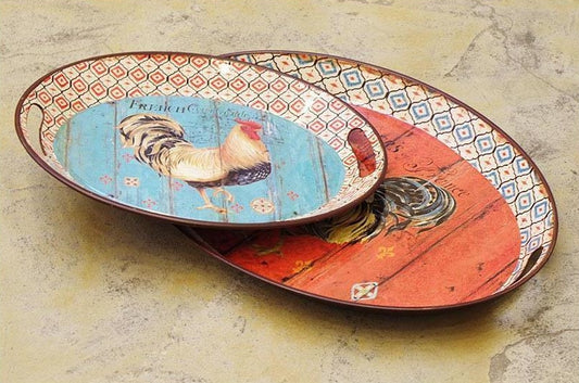 Vintage French Chicken Roosters Tray 2P Set