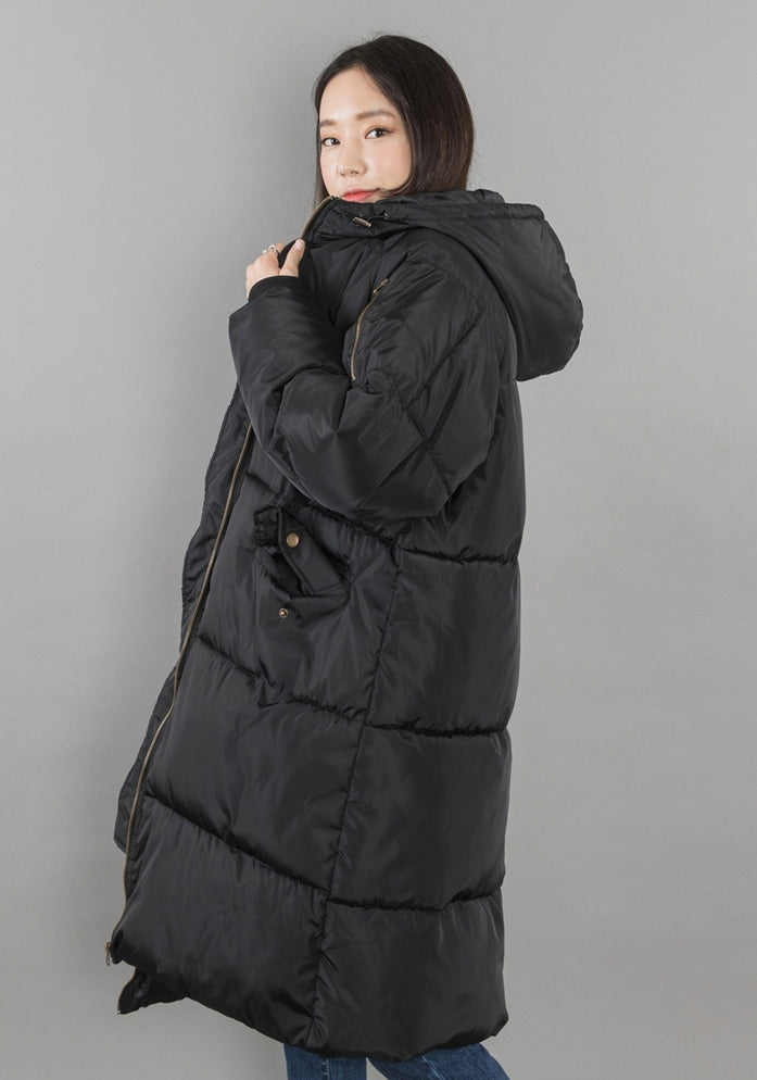 Black Hooded Long Puffers Coats