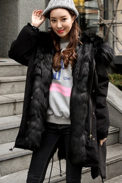 Black Hooded Fur Military Parka Coats