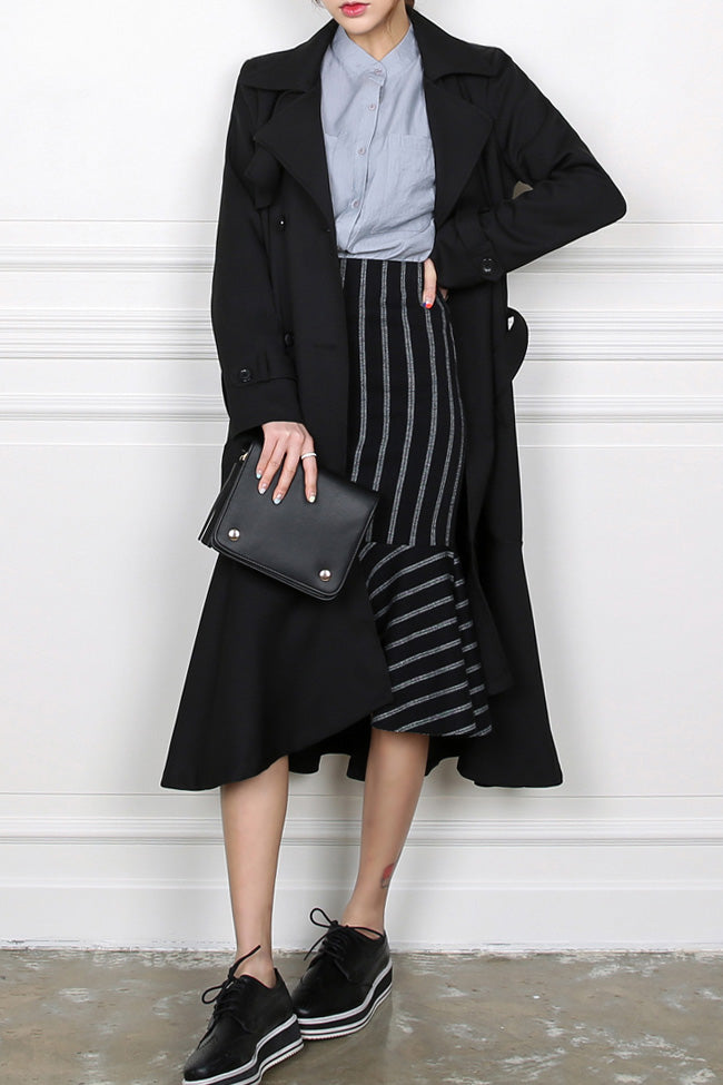 Black Ruffled Hem Long Trench Coats