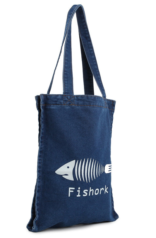 Blue Fishork Printed Denim Totes Shoulder Handbags