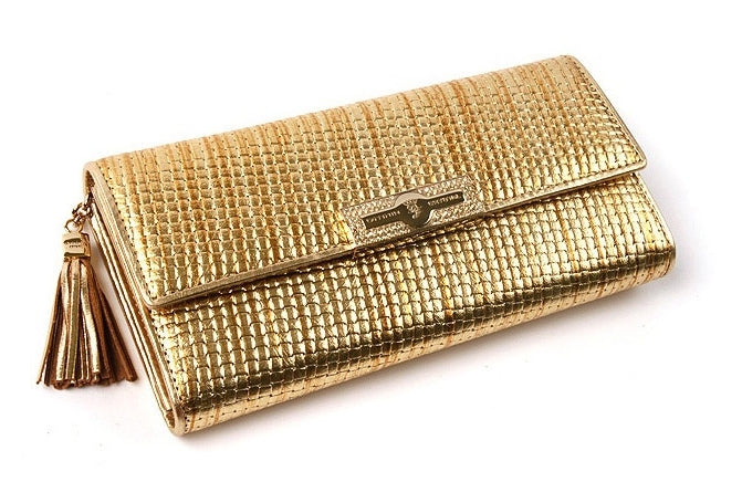 Gold Genuine Sheepskin Leather Tassel Clutch Style Long Wallets