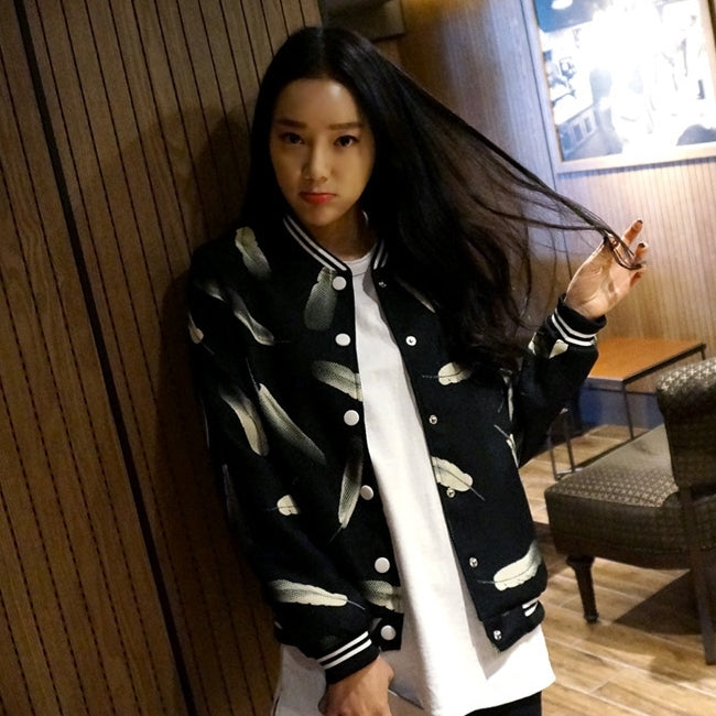 Black Feather Pattern Varsity-Striped Baseball Jackets