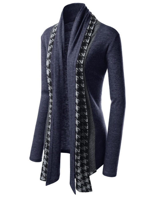 Navy Blue Houndstooth Shawl Collar Knitted Open Cardigans