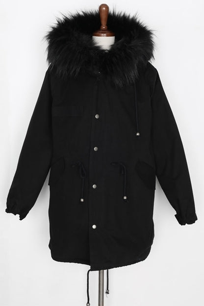 Black Hooded Fur Military Parka Coats