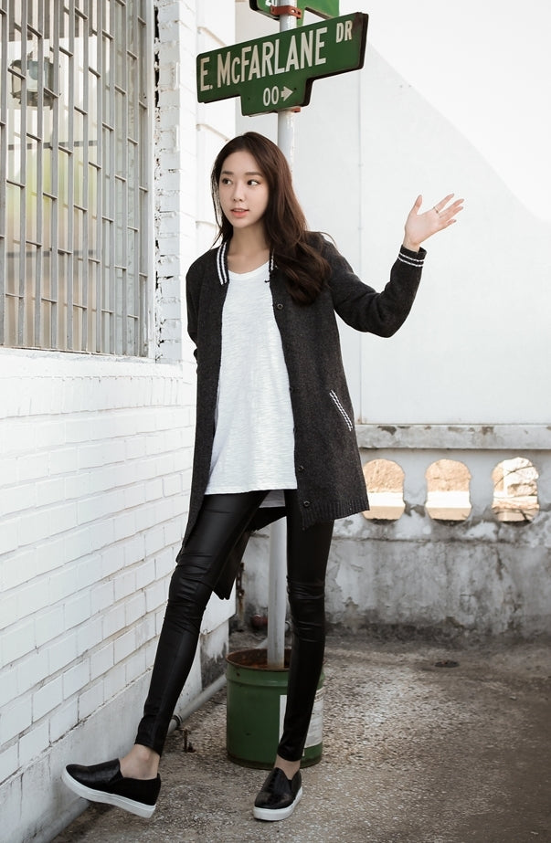 Charcoal Grey Varsity-Striped Long Cardigans