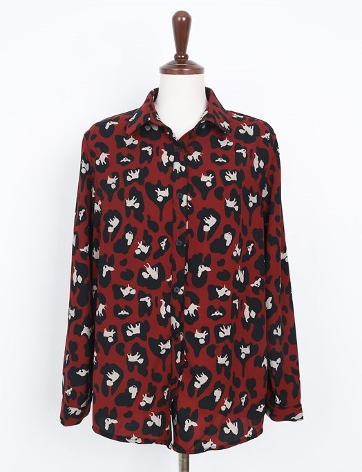 Burgundy Red Leopard Print Button-Down Shirts Blouses