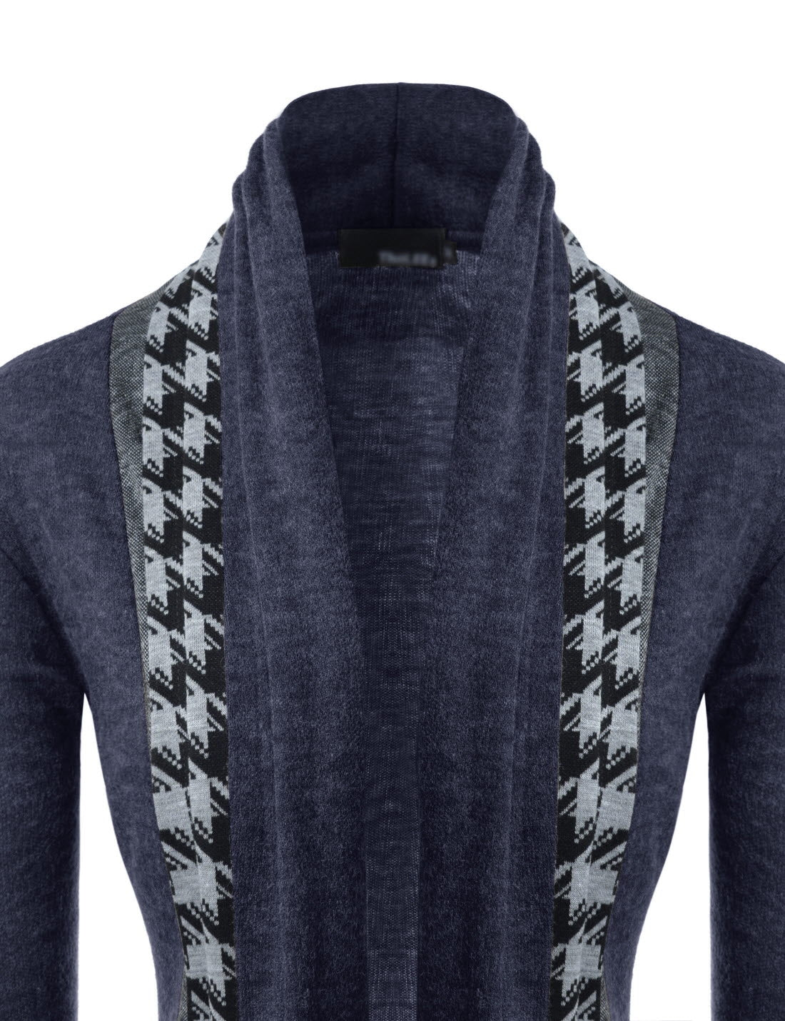 Navy Blue Houndstooth Shawl Collar Knitted Open Cardigans