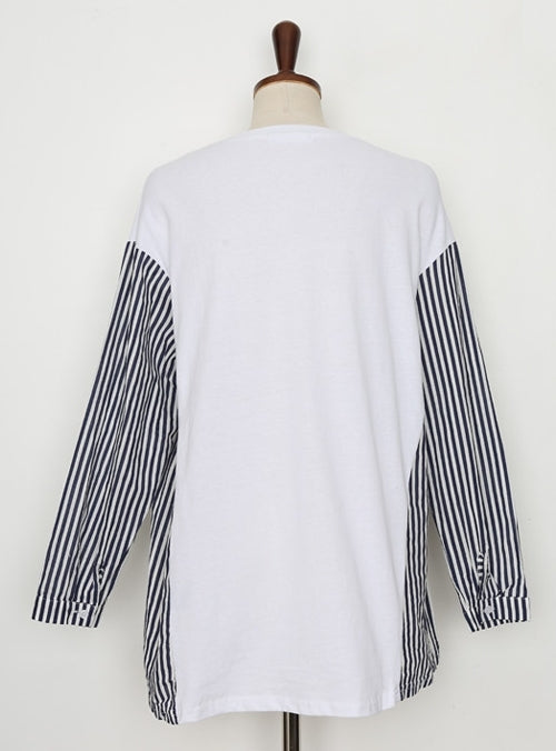 White Striped Long Sleeves Loose Fit Tops T-shirts