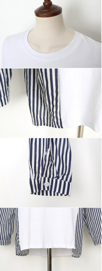 White Striped Long Sleeves Loose Fit Tops T-shirts