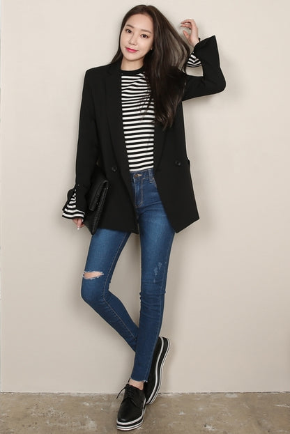 Black Double Breasted Slit Sleeved Blazers