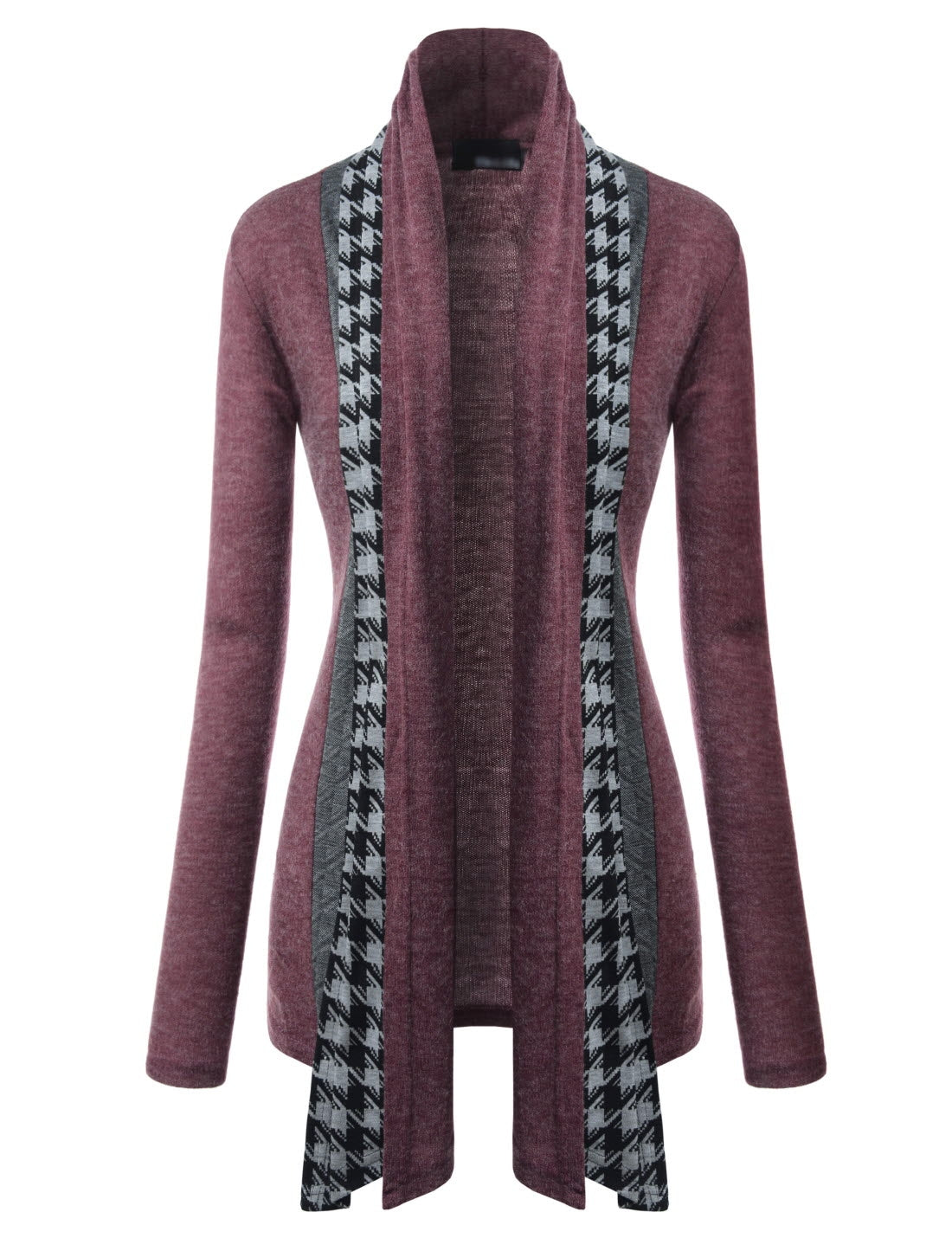 Burgundy Red Houndstooth Shawl Collar Knitted Open Cardigans