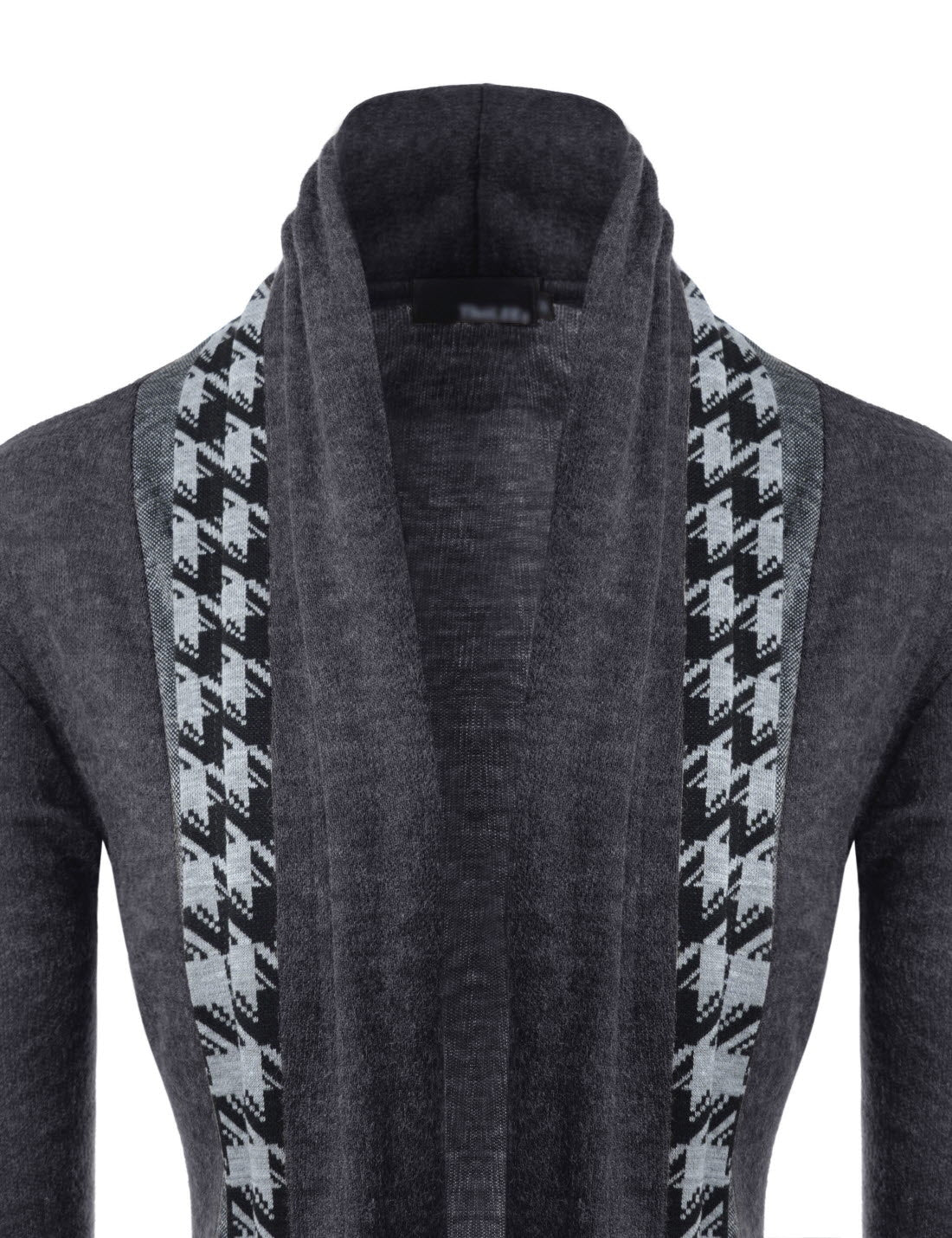 Charcoal Grey Houndstooth Shawl Collar Knitted Open Cardigans