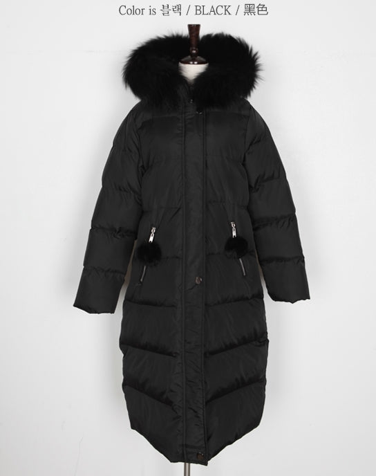 Black Hooded Fur Long Puffers Coats