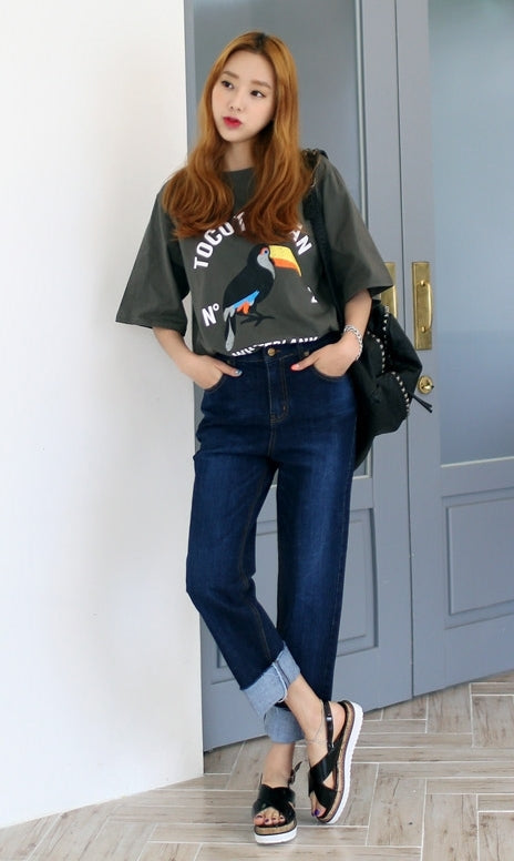 Tocotoucan Parrot Print Oversized Short Sleeves Crewneck Tees