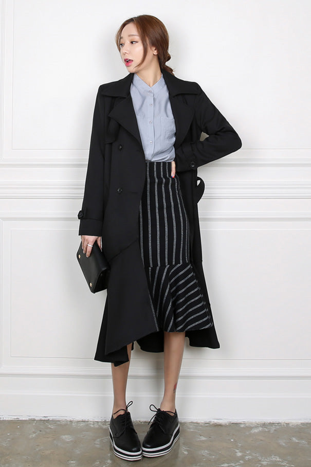 Black Ruffled Hem Long Trench Coats