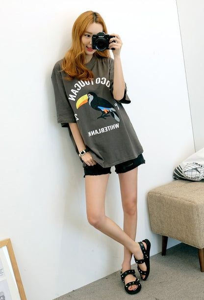 Tocotoucan Parrot Print Oversized Short Sleeves Crewneck Tees