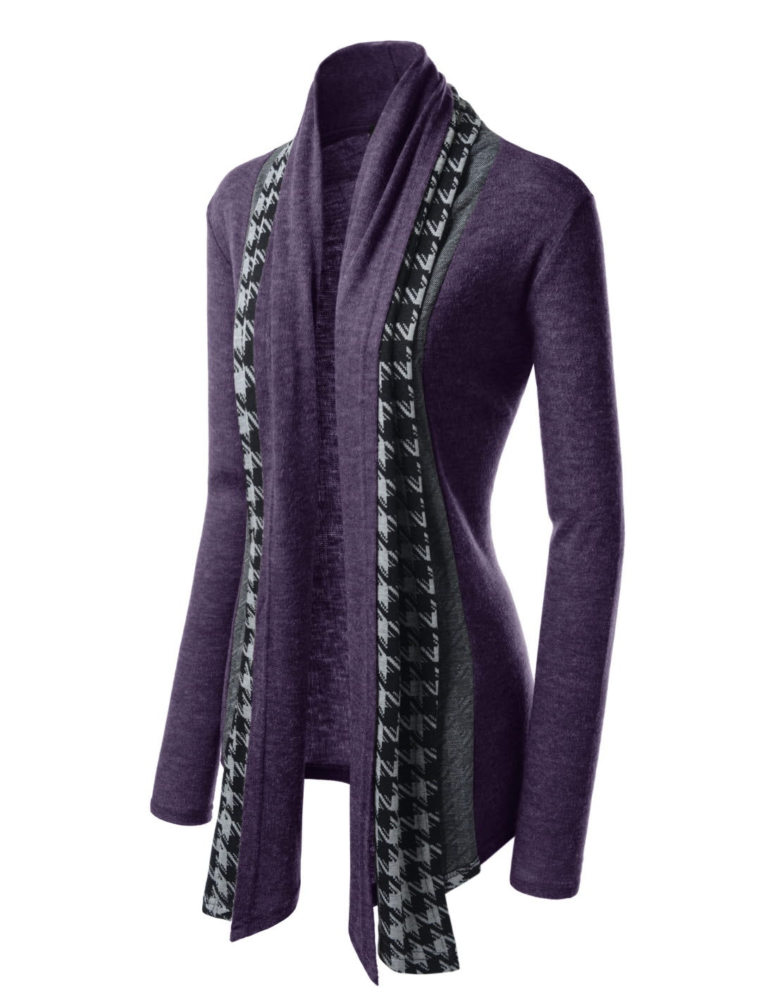 Purple Houndstooth Shawl Collar Knitted Open Cardigans