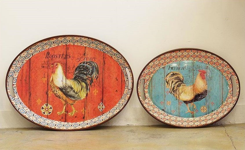 Vintage French Chicken Roosters Tray 2P Set