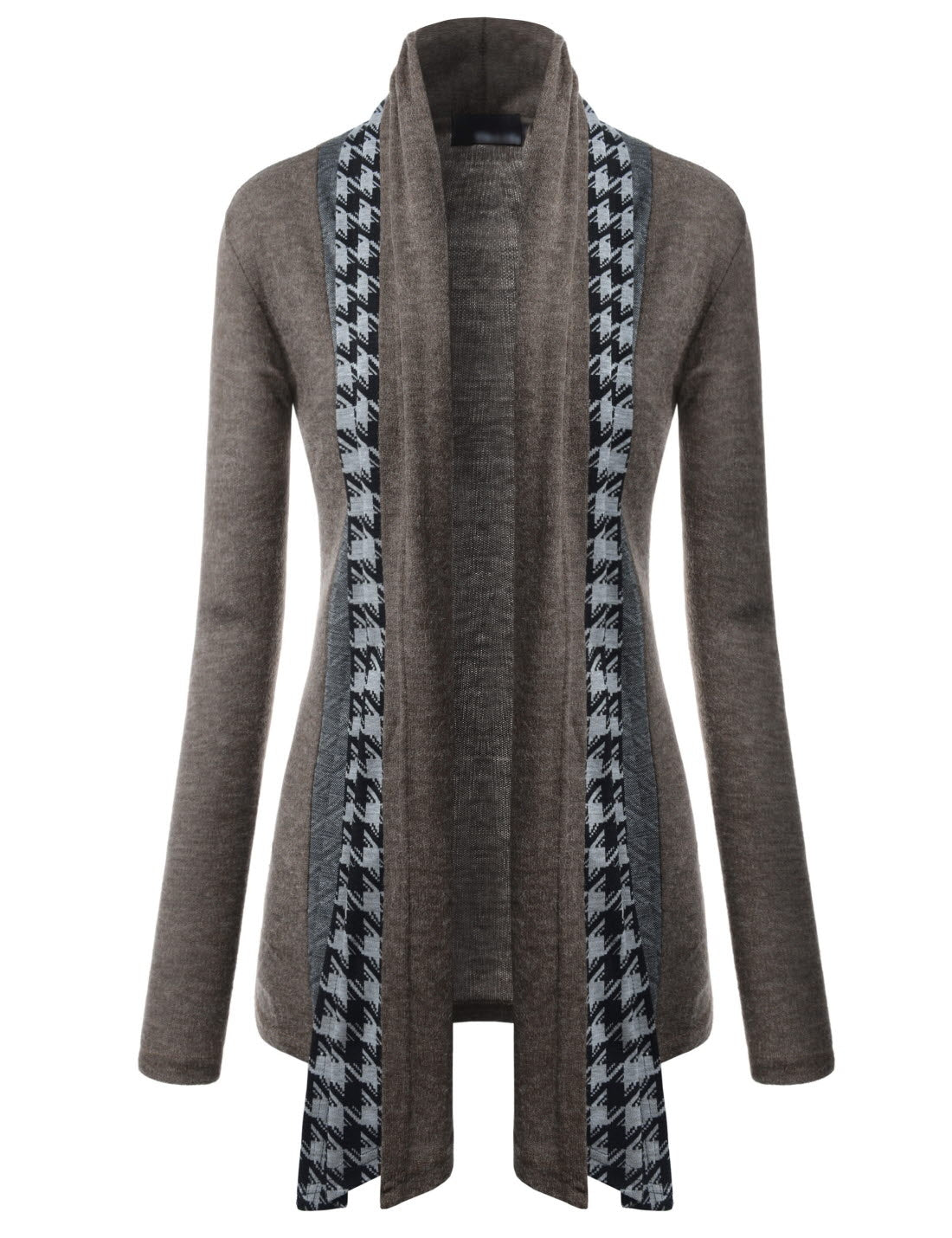 Brown Houndstooth Shawl Collar Knitted Open Cardigans