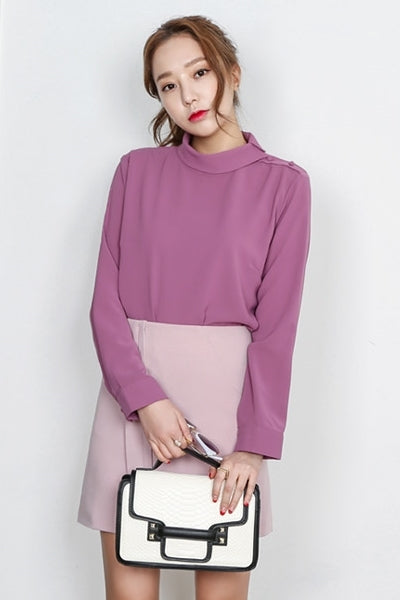 Purple Elegance Mockneck Long Sleeved Blouses