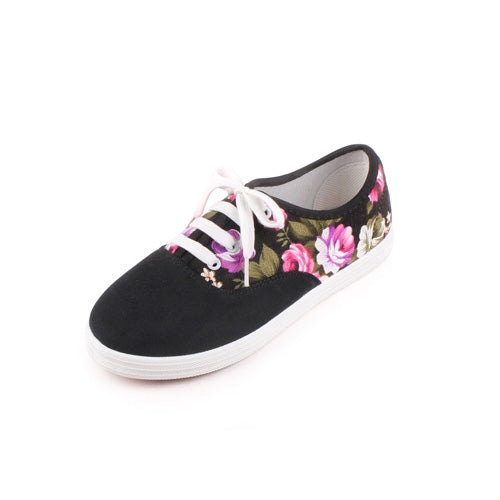 Black Floral Canvas Sneakers Cute Lovely Low-Tops Shoes