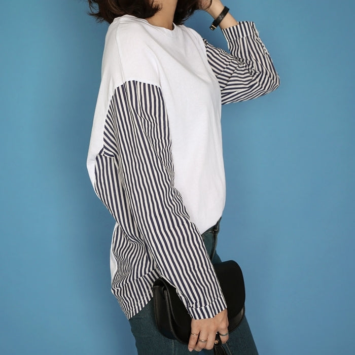 White Striped Long Sleeves Loose Fit Tops T-shirts