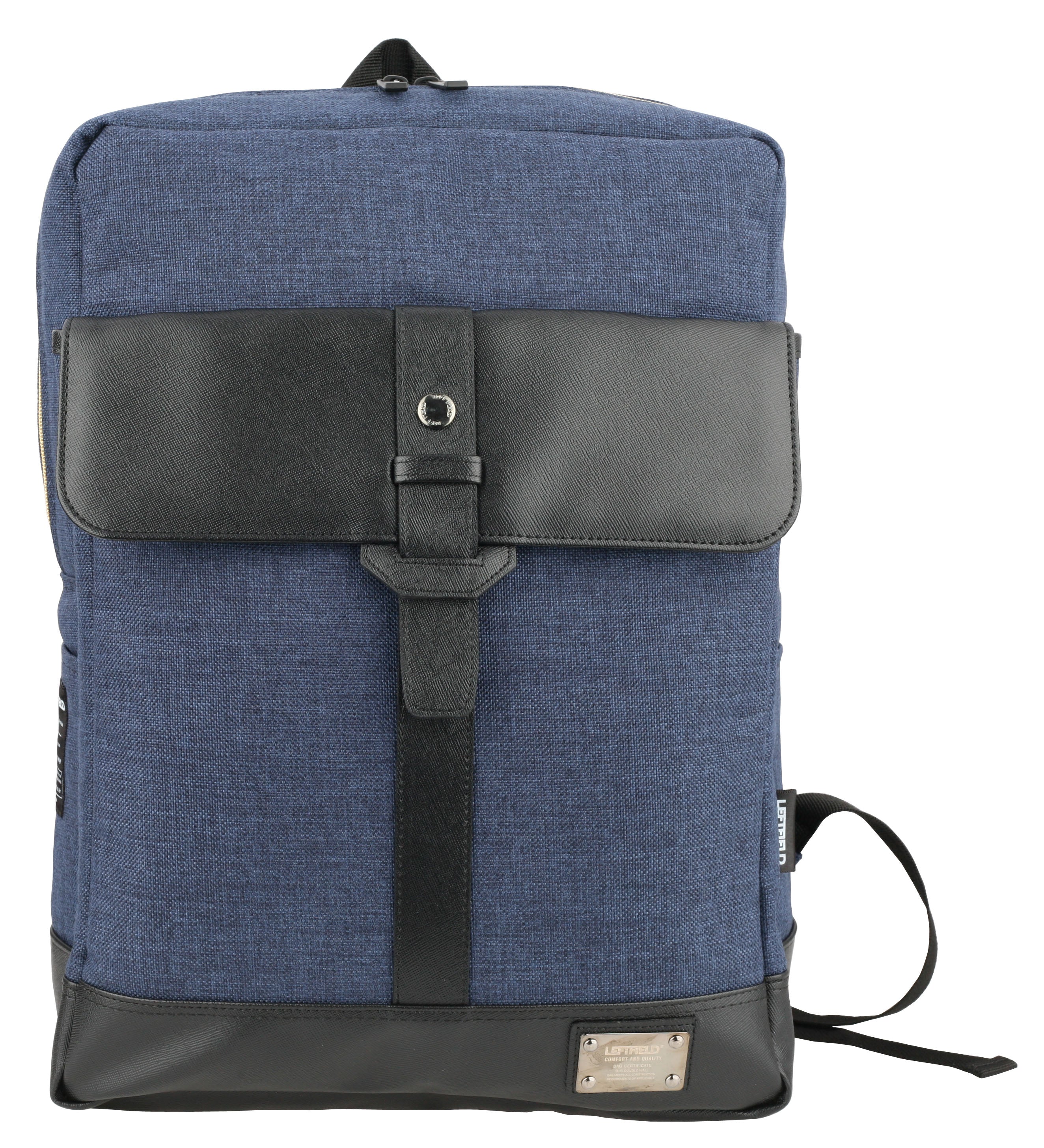 Navy Blue Faux Leather Paneled Canvas Satchel Backpacks