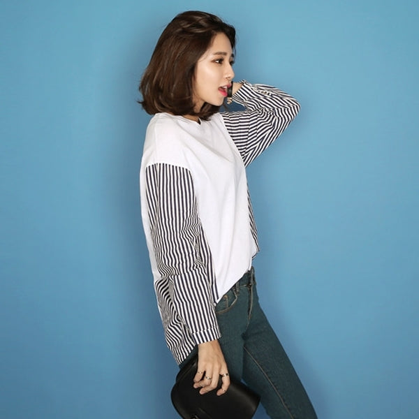 White Striped Long Sleeves Loose Fit Tops T-shirts