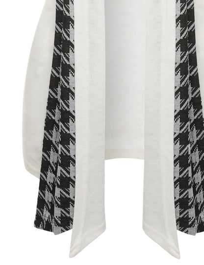 White Houndstooth Shawl Collar Knitted Open Cardigans