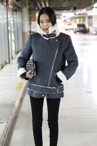 Gray Asymmetric Faux Shearling Motorcycle Biker Jackets