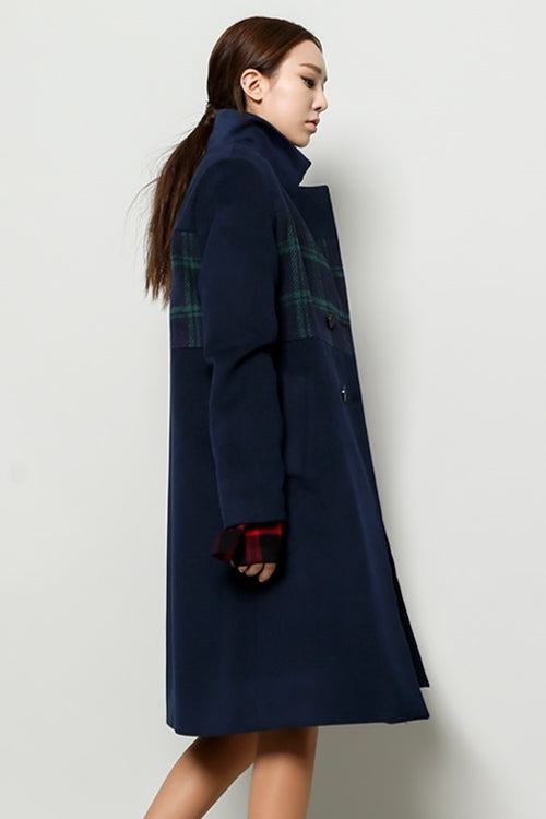 Navy Blue Tartan Plaids Panel Double Breasted Coats