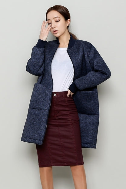 Navy Blue Neoprene Bomber Style Long Coats
