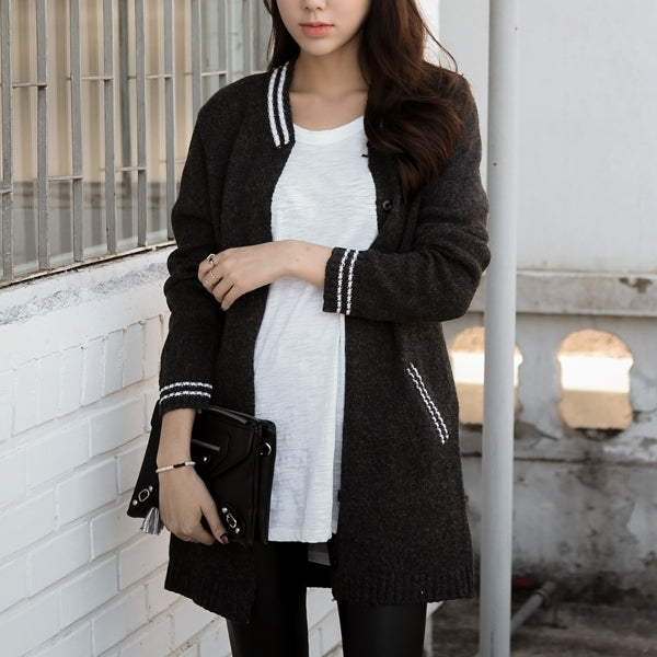 Charcoal Grey Varsity-Striped Long Cardigans