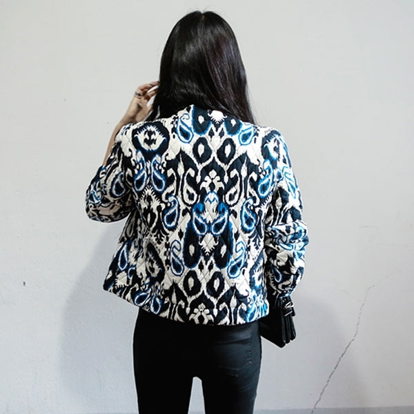 Blue Ethnic Quilted Bomber Jackets