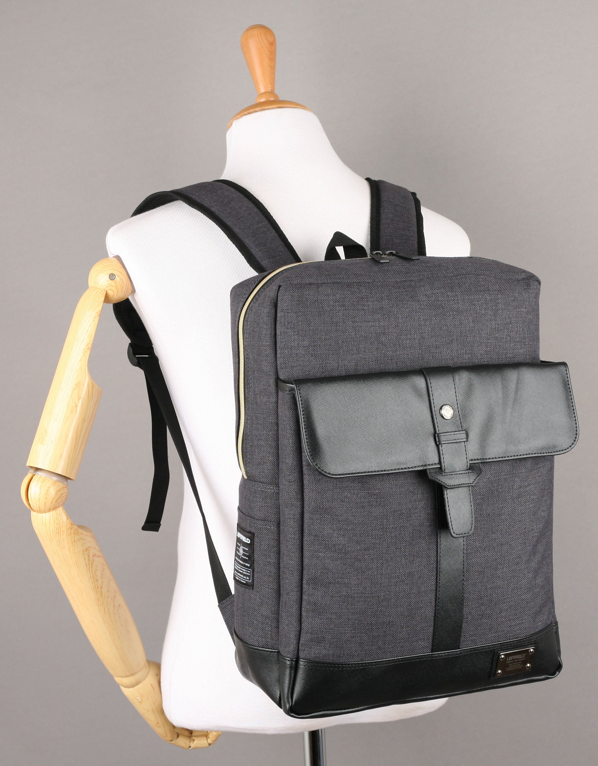 Black Faux Leather Paneled Canvas Satchel Backpacks