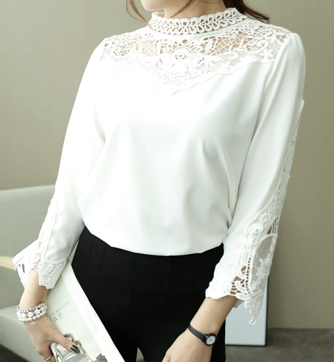 White Floral Embroidery Lace Evening Blouses