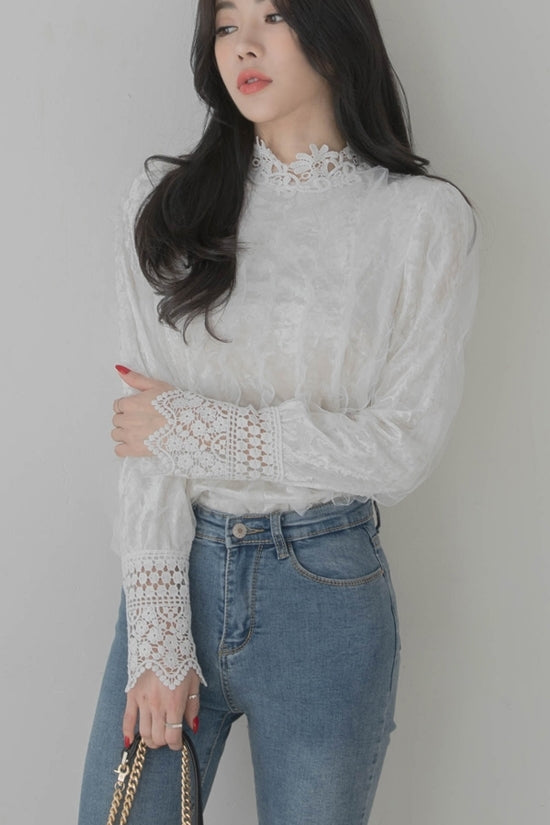 White Lace Velvet Combi Blouses