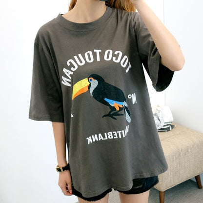 Tocotoucan Parrot Print Oversized Short Sleeves Crewneck Tees