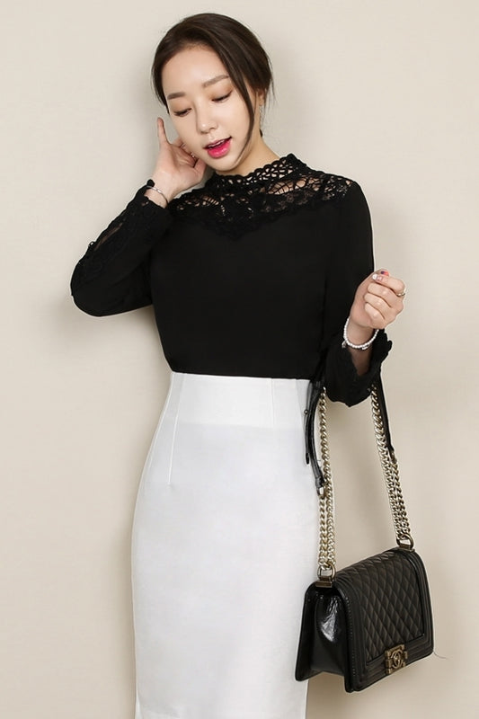 Black Floral Embroidery Lace Evening Blouses