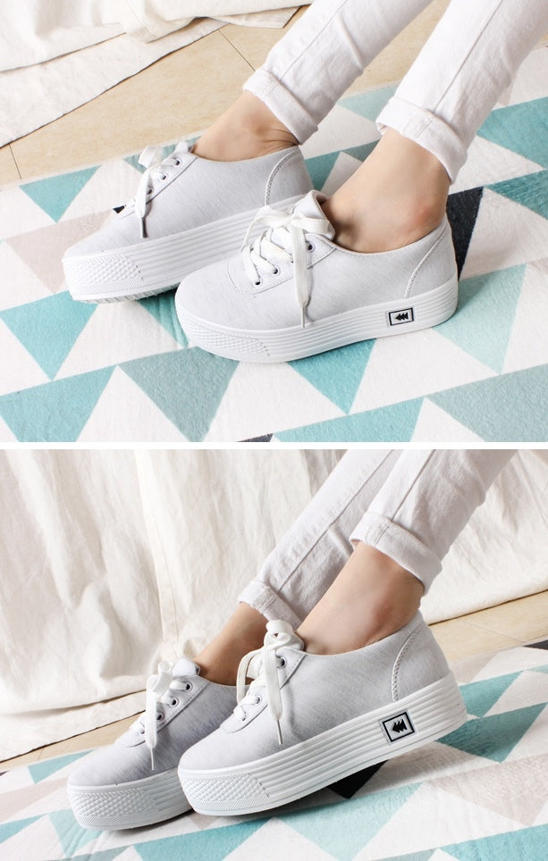 White Marled Lace-up Flatform Sneakers Shoes