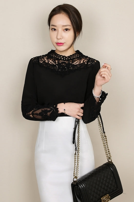 Black Floral Embroidery Lace Evening Blouses