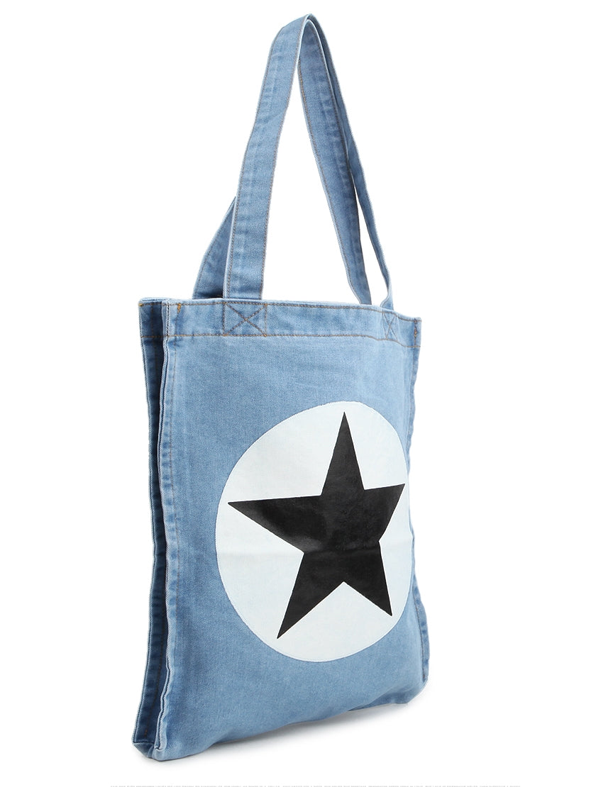 Light Blue Star Graphic Denim Jean Totes Shoulder Bags