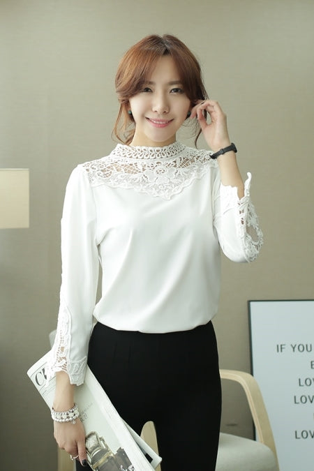 White Floral Embroidery Lace Evening Blouses