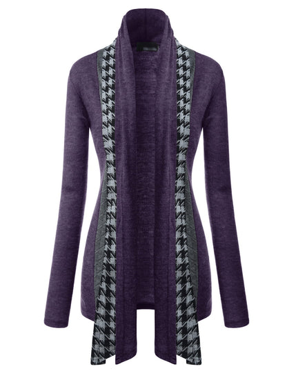 Purple Houndstooth Shawl Collar Knitted Open Cardigans