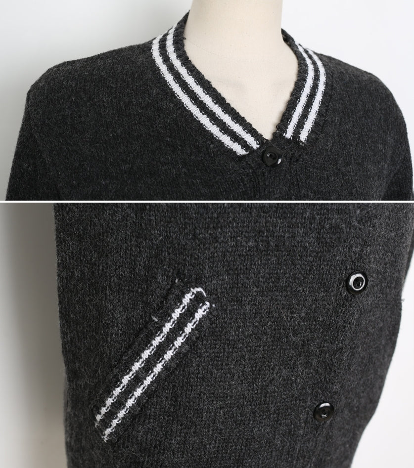 Charcoal Grey Varsity-Striped Long Cardigans